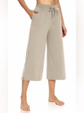 Women's Wide Leg Drawstring Crop Pants - Beige
